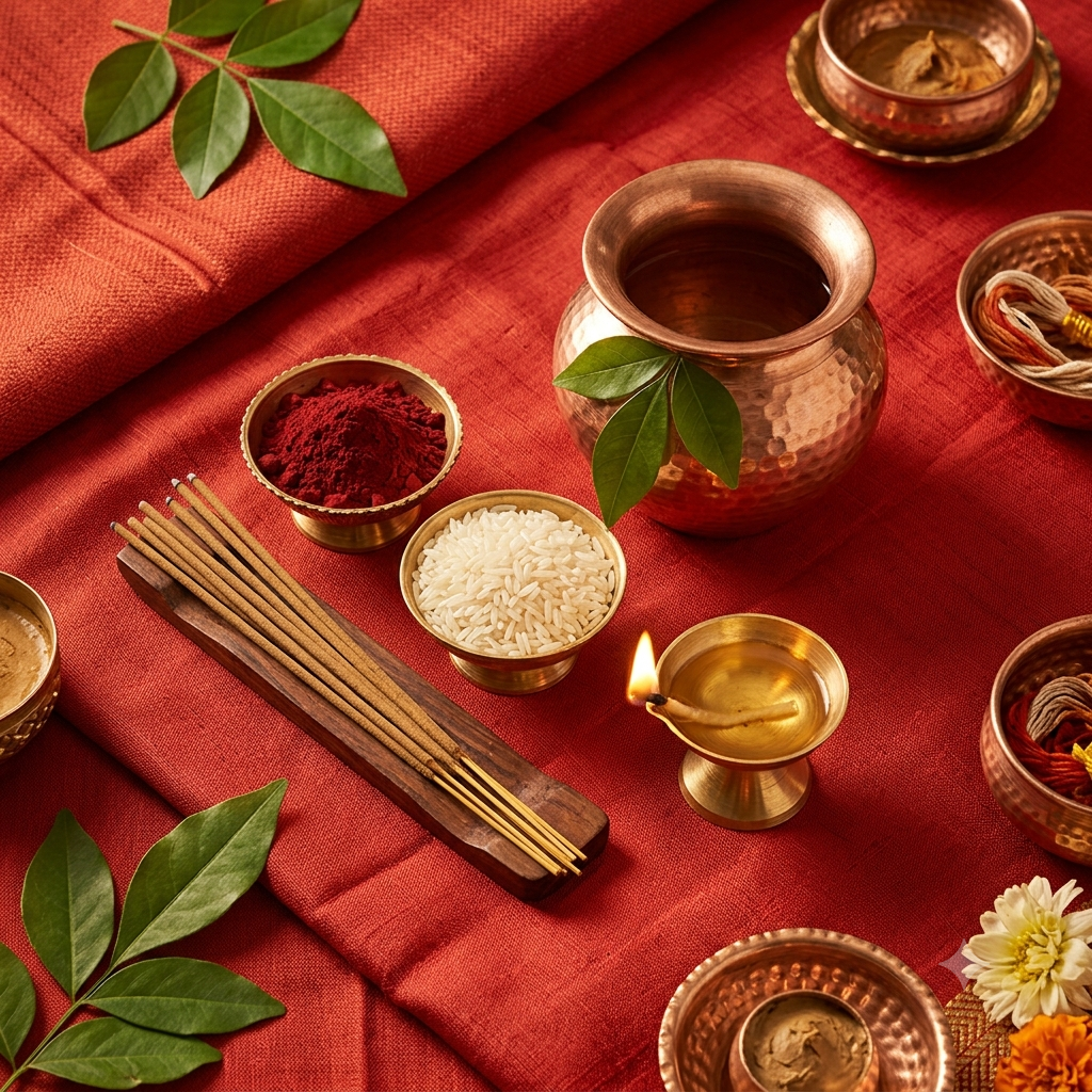 Festival puja essentials with copper kalash, kumkum, incense and diya