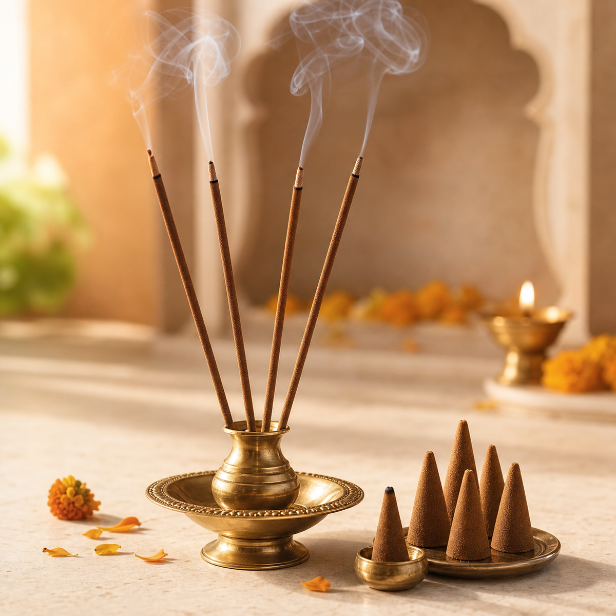 Incense sticks and dhoop cones arranged in a devotional setting - Sanatana Journey