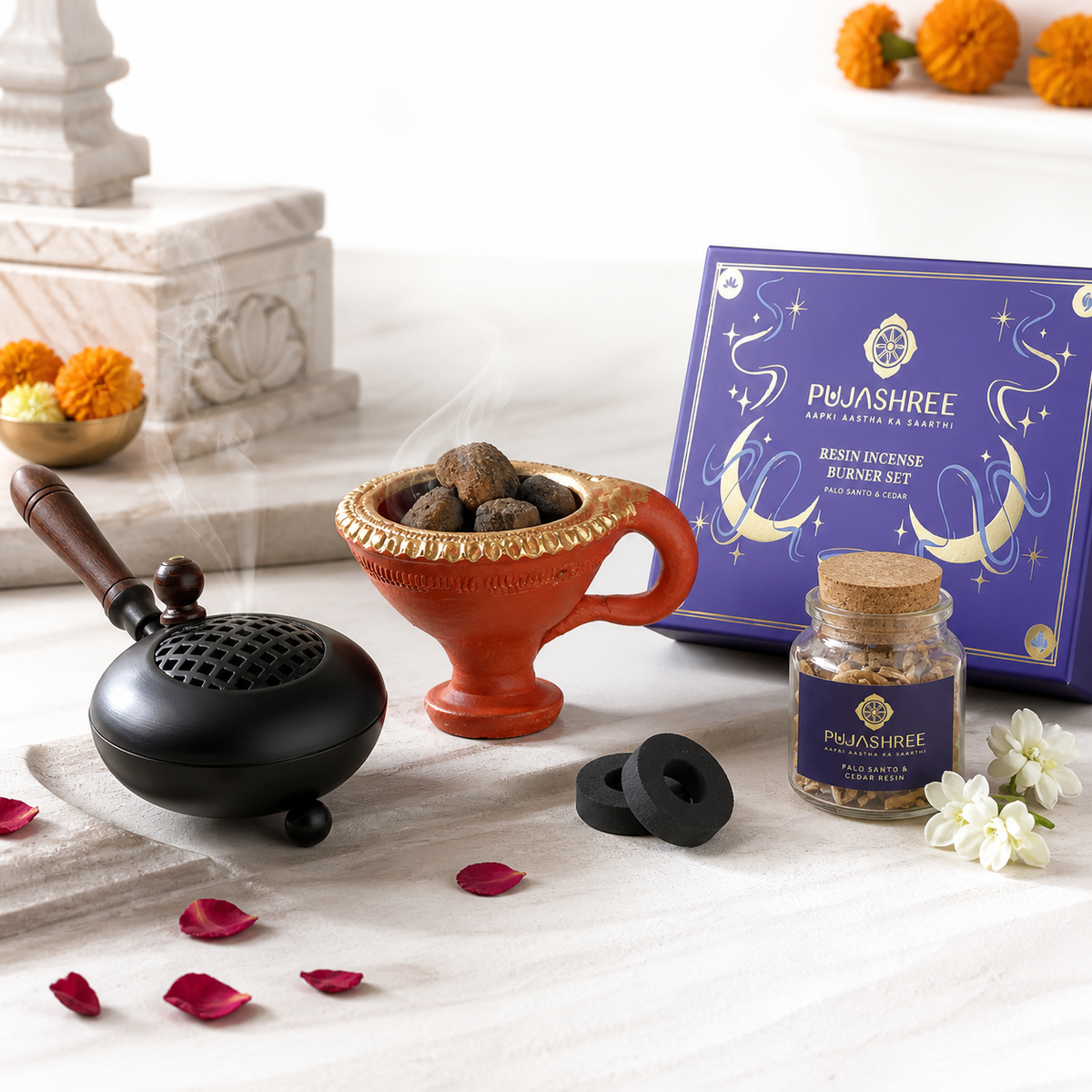 Incense holders, dhoop dani and resin burners for pooja on a white mandir shelf