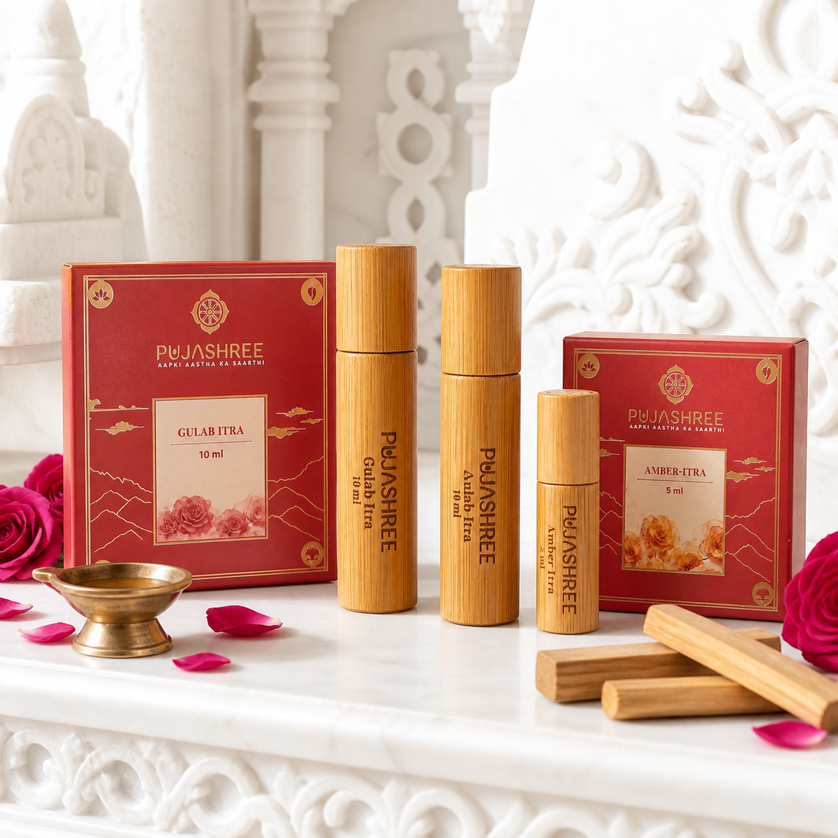 Puja attar and temple fragrance bottles with rose and sandalwood accents