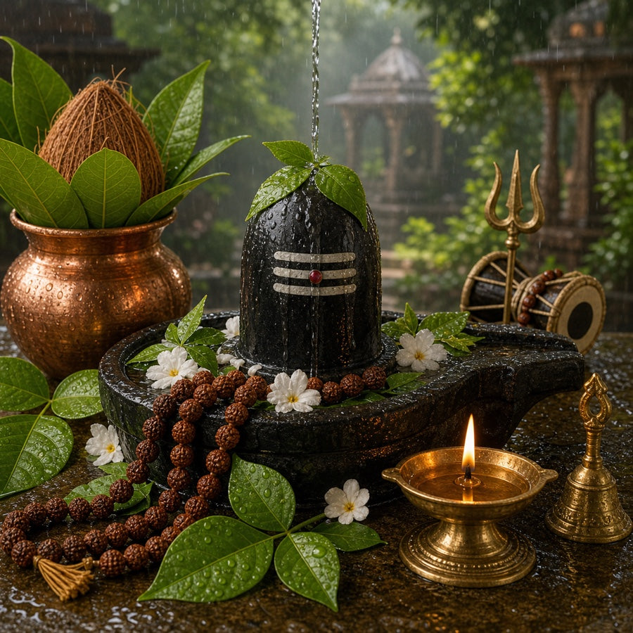 Sawan Special 2026 Shiv puja collection with Shivling, bilva leaves and abhishek items