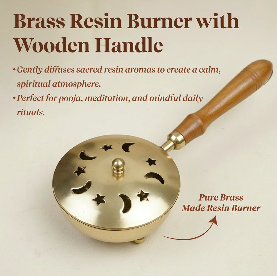 Resin Burner Kit | Wooden Handle Burner with Palo Santo, Cedar Resin & Charcoal by Pujashree | Sanatana Journey