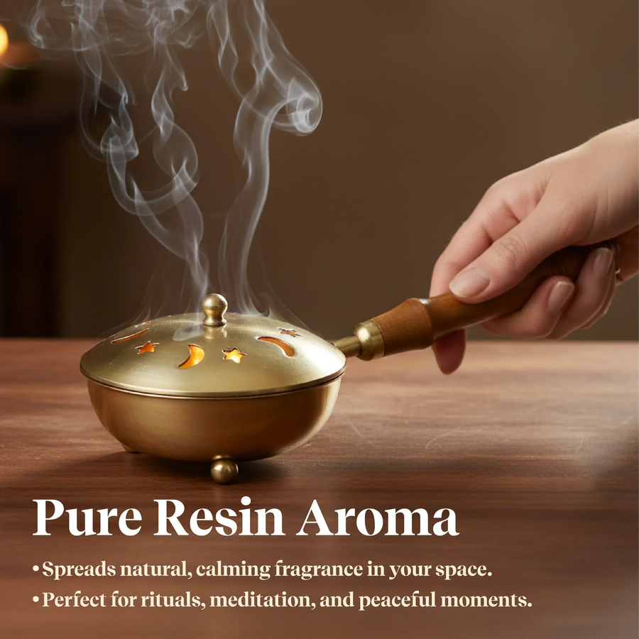 Resin Burner Kit | Wooden Handle Burner with Palo Santo, Cedar Resin & Charcoal by Pujashree | Sanatana Journey