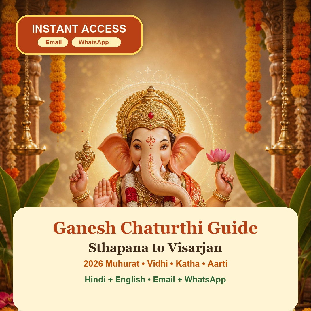 Ganesh Chaturthi Guide eBook cover with Lord Ganesha, festive mandap, modak and instant access by Email and WhatsApp