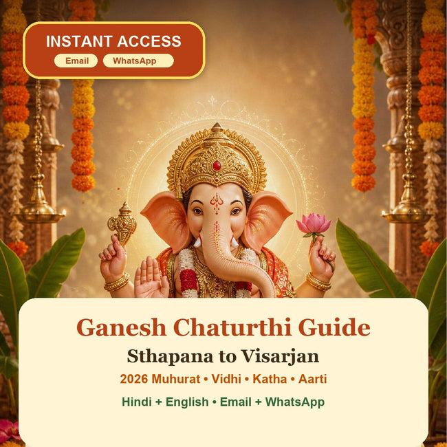 Ganesh Chaturthi Guide eBook cover with Lord Ganesha, festive mandap, modak and instant access by Email and WhatsApp