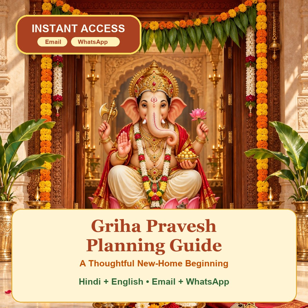 Griha Pravesh Planning Guide e-book cover; Hindi and English PDF with email and WhatsApp delivery