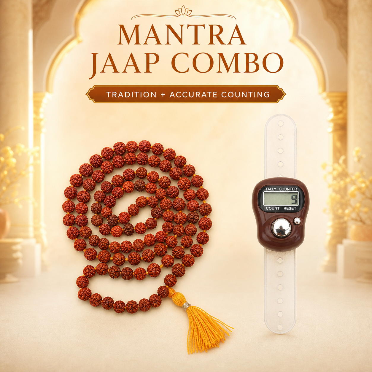 Mantra Jaap Combo with 5 Mukhi Rudraksha Mala and digital finger counter