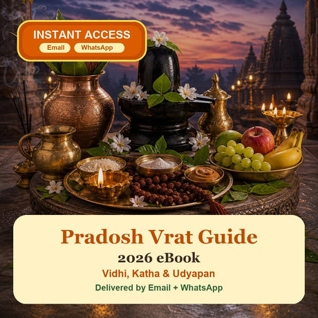 Pradosh Vrat Guide 2026 eBook cover with Shivling, Pradosh puja thali and instant access by Email and WhatsApp