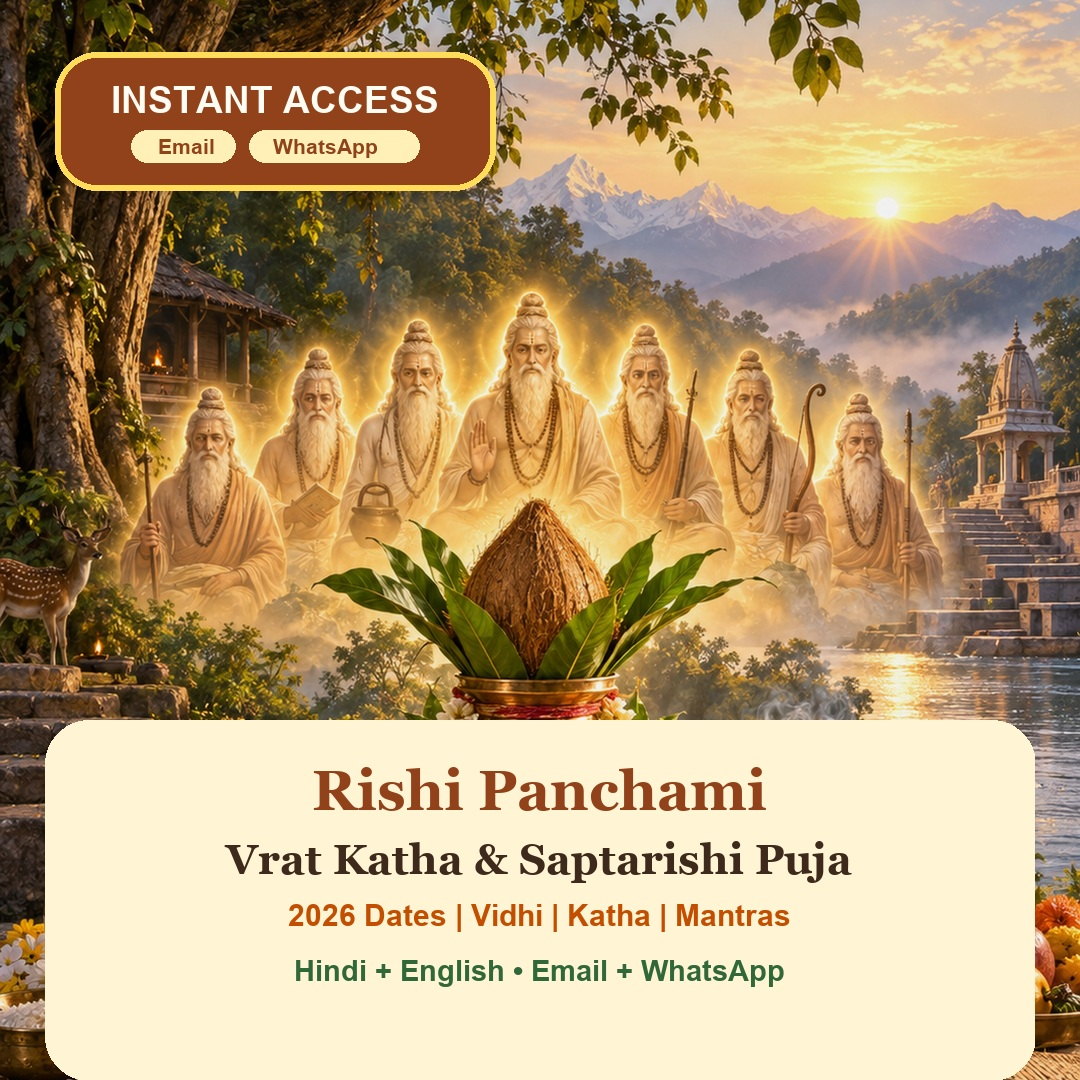 Rishi Panchami Vrat Katha and Saptarishi Puja Guide 2026 Hindi and English eBook cover with instant PDF access by Email and WhatsApp