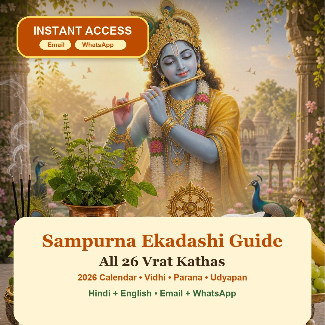 Sampurna Ekadashi Guide eBook cover with Shri Krishna, Tulsi and instant access by Email and WhatsApp