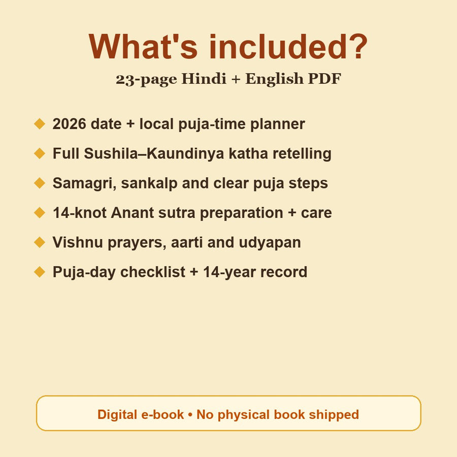 Anant Chaturdashi Vrat Katha & Puja Guide 2026 contents: 2026 date + local puja-time planner, Full Sushila–Kaundinya katha retelling, Samagri, sankalp and clear puja steps, 14-knot Anant sutra preparation + care, Vishnu prayers, aarti and udyapan, Puja-day checklist + 14-year record