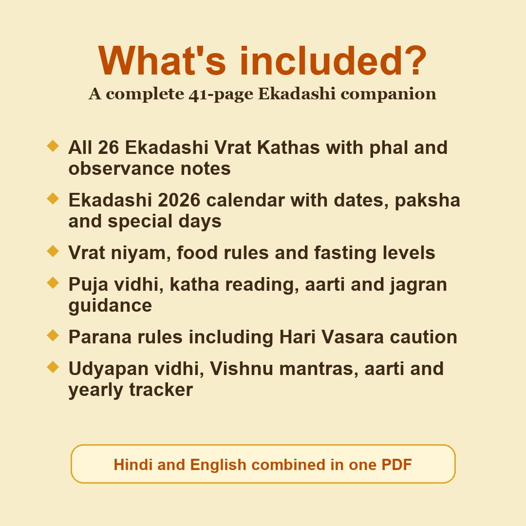 Sampurna Ekadashi Guide contents including all 26 Ekadashi Vrat Kathas, 2026 calendar, puja vidhi, parana rules and udyapan
