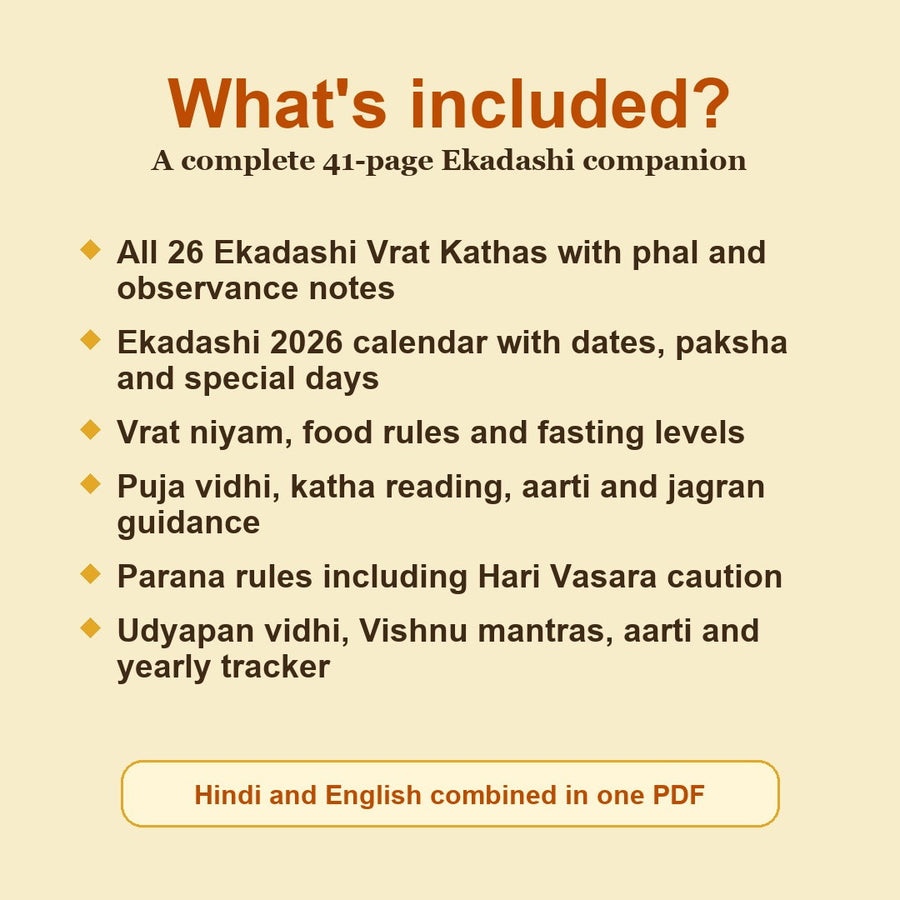 Sampurna Ekadashi Guide contents including all 26 Ekadashi Vrat Kathas, 2026 calendar, puja vidhi, parana rules and udyapan