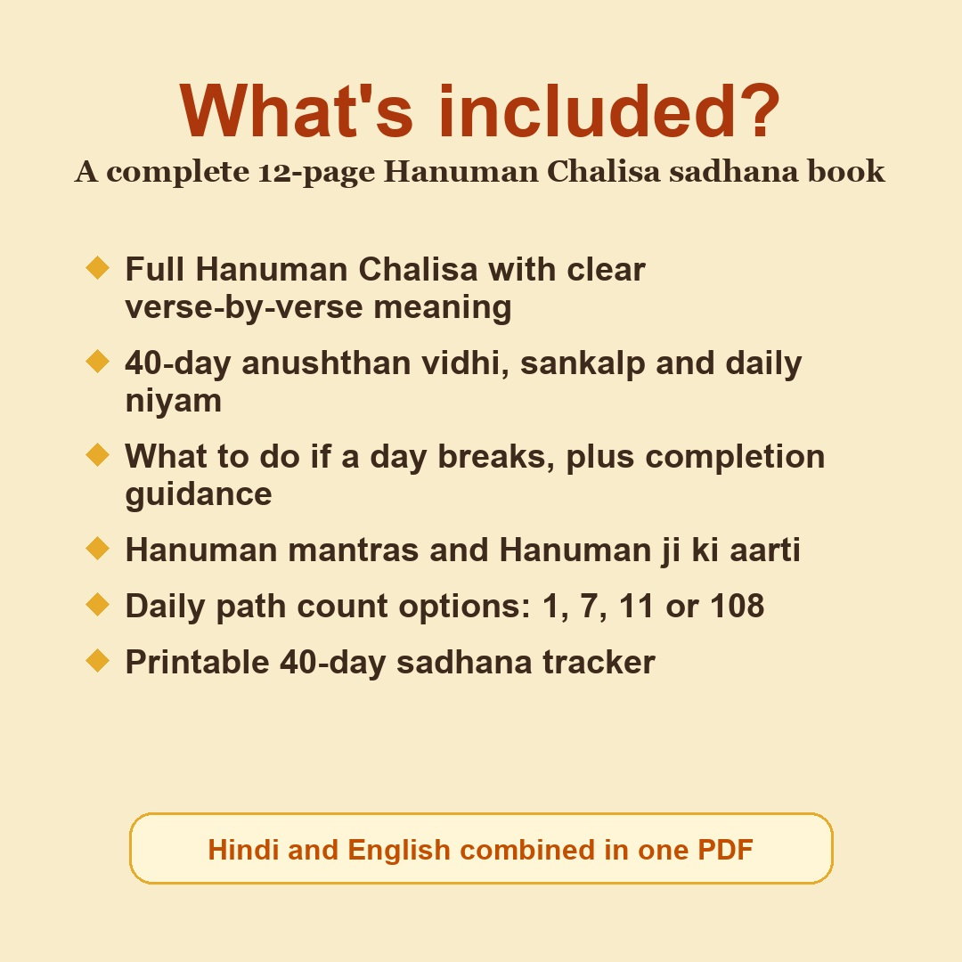 Hanuman Chalisa Sadhana eBook contents including 40-day anushthan vidhi, Chalisa meaning, mantras, aarti and tracker