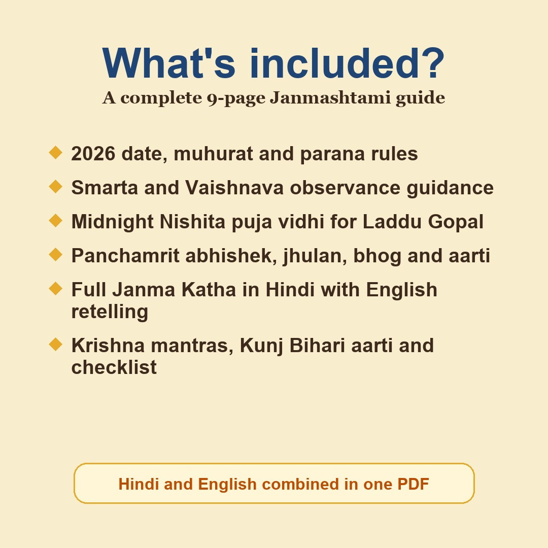 Janmashtami Vrat Guide contents including 2026 muhurat, Nishita puja vidhi, Janma Katha, Krishna mantras, aarti and checklist