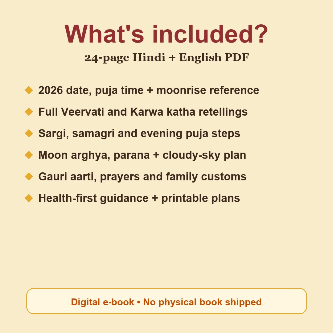 Karwa Chauth Vrat Katha & Puja Guide 2026 contents: 2026 date, puja time + moonrise reference, Full Veervati and Karwa katha retellings, Sargi, samagri and evening puja steps, Moon arghya, parana + cloudy-sky plan, Gauri aarti, prayers and family customs, Health-first guidance + printable plans