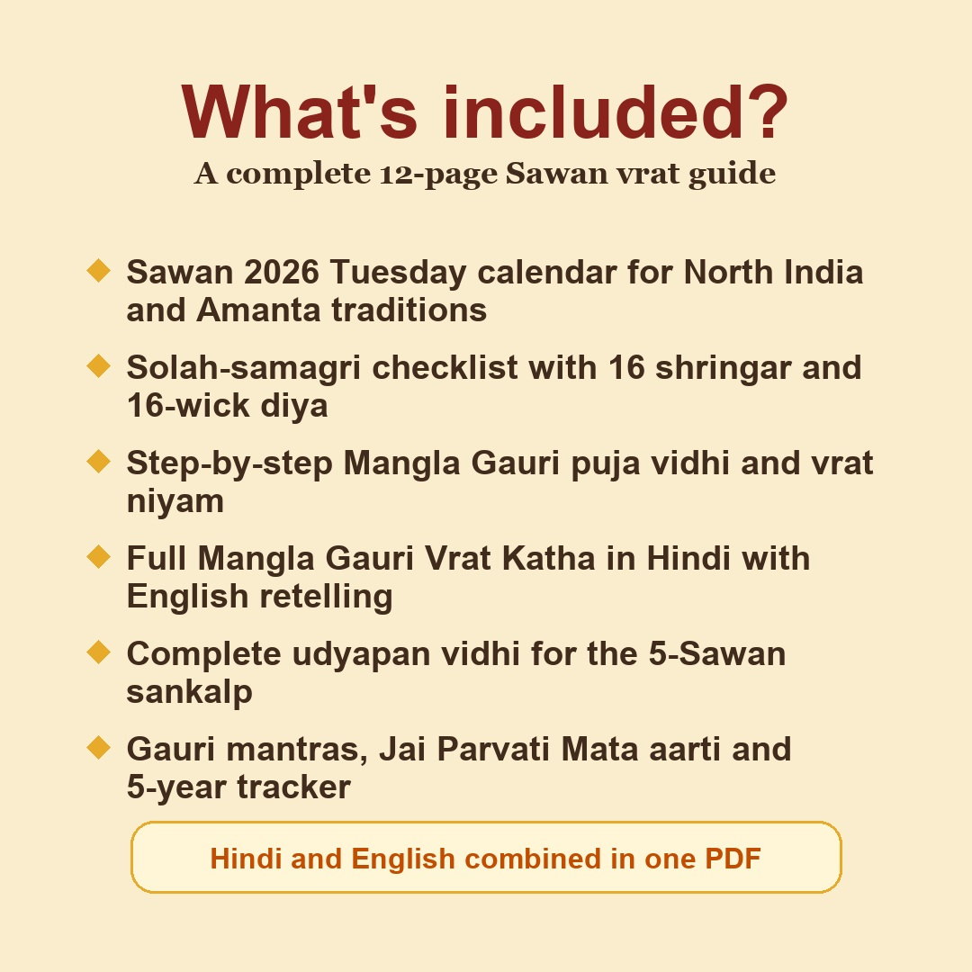Mangla Gauri Vrat Guide contents including Sawan 2026 Tuesday calendar, solah-samagri puja vidhi, katha, mantras, aarti and udyapan