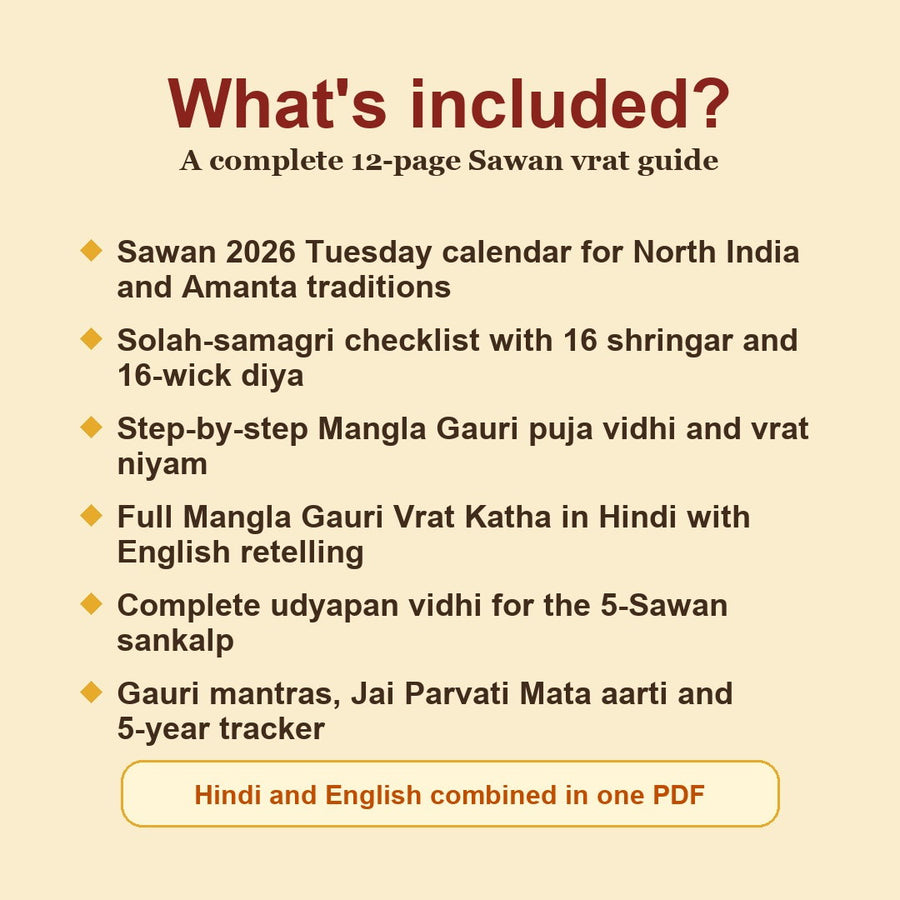 Mangla Gauri Vrat Guide contents including Sawan 2026 Tuesday calendar, solah-samagri puja vidhi, katha, mantras, aarti and udyapan
