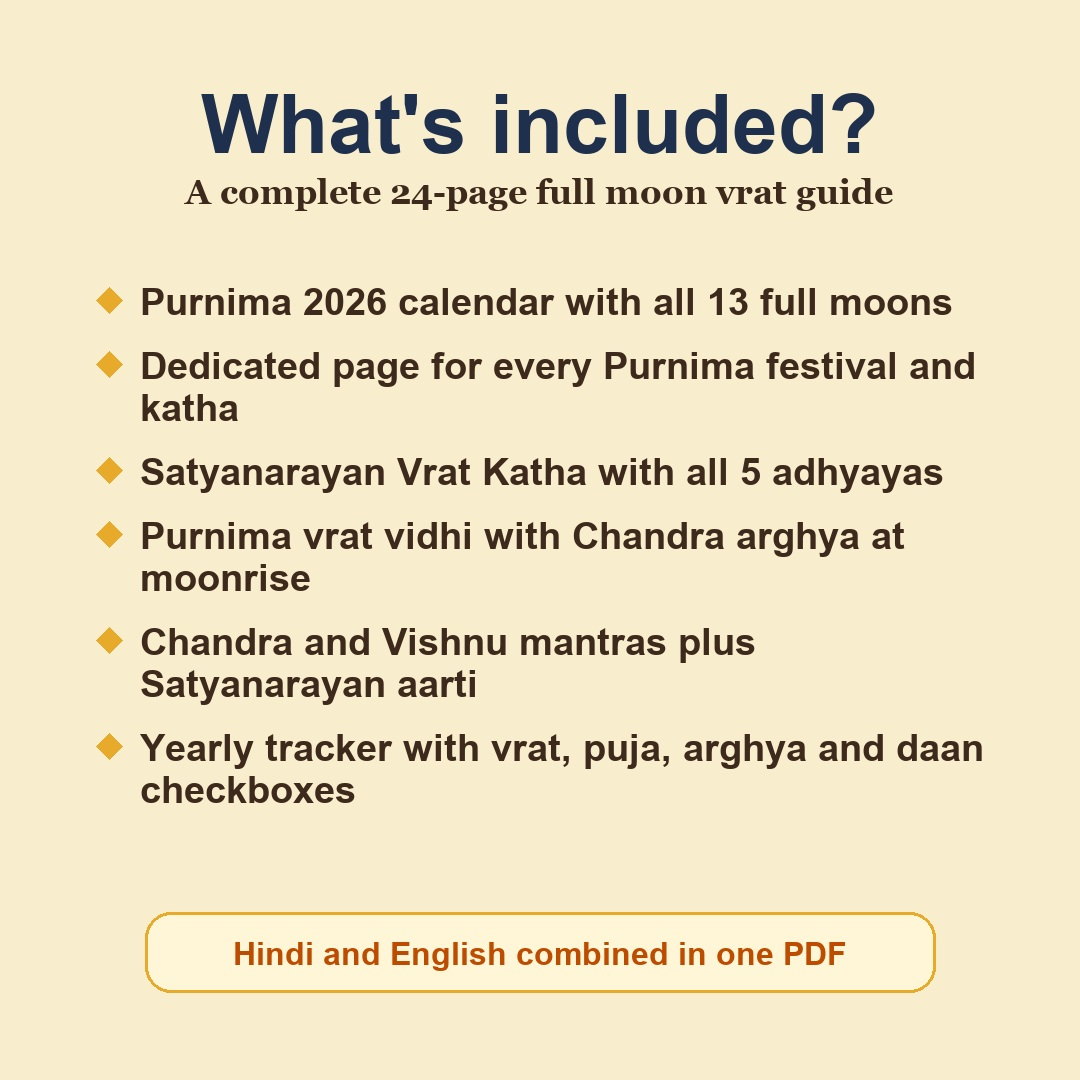Sampurna Purnima Guide contents including all 13 Purnimas of 2026, Satyanarayan Vrat Katha, Purnima vidhi, mantras, aarti and tracker