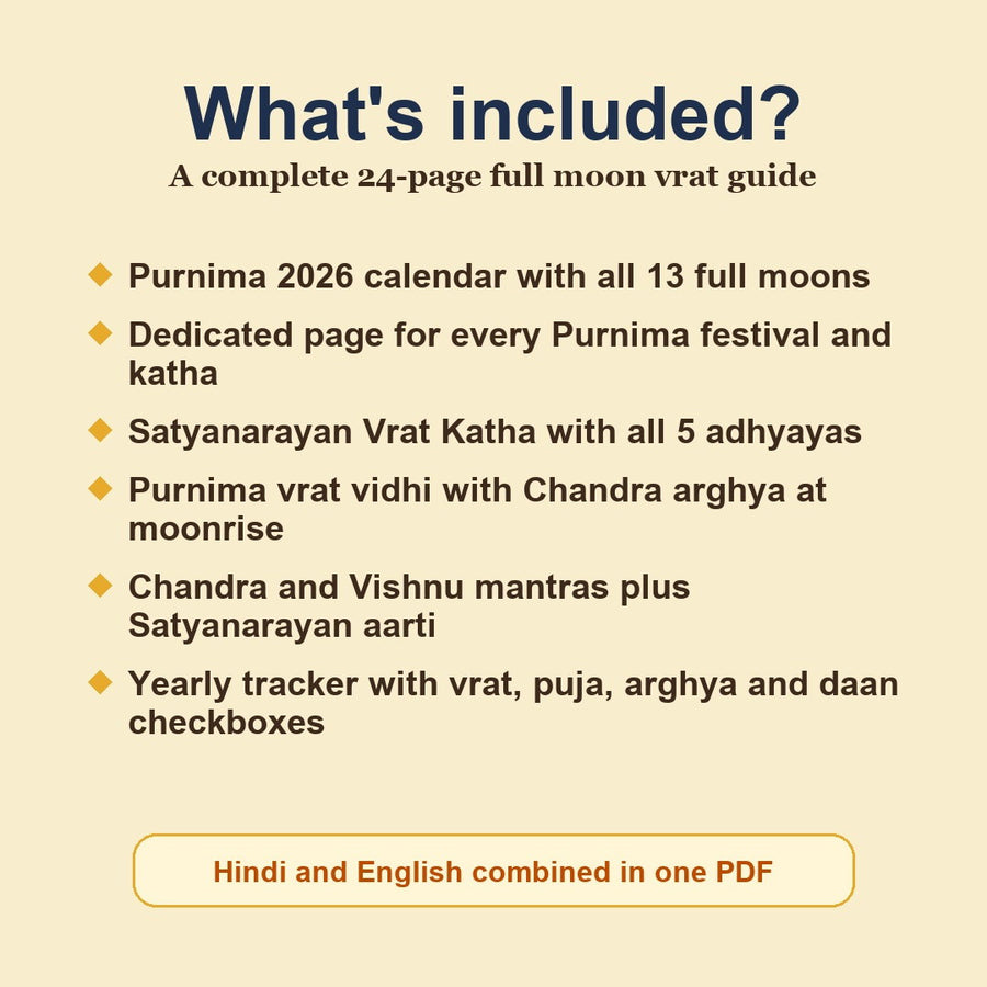 Sampurna Purnima Guide contents including all 13 Purnimas of 2026, Satyanarayan Vrat Katha, Purnima vidhi, mantras, aarti and tracker