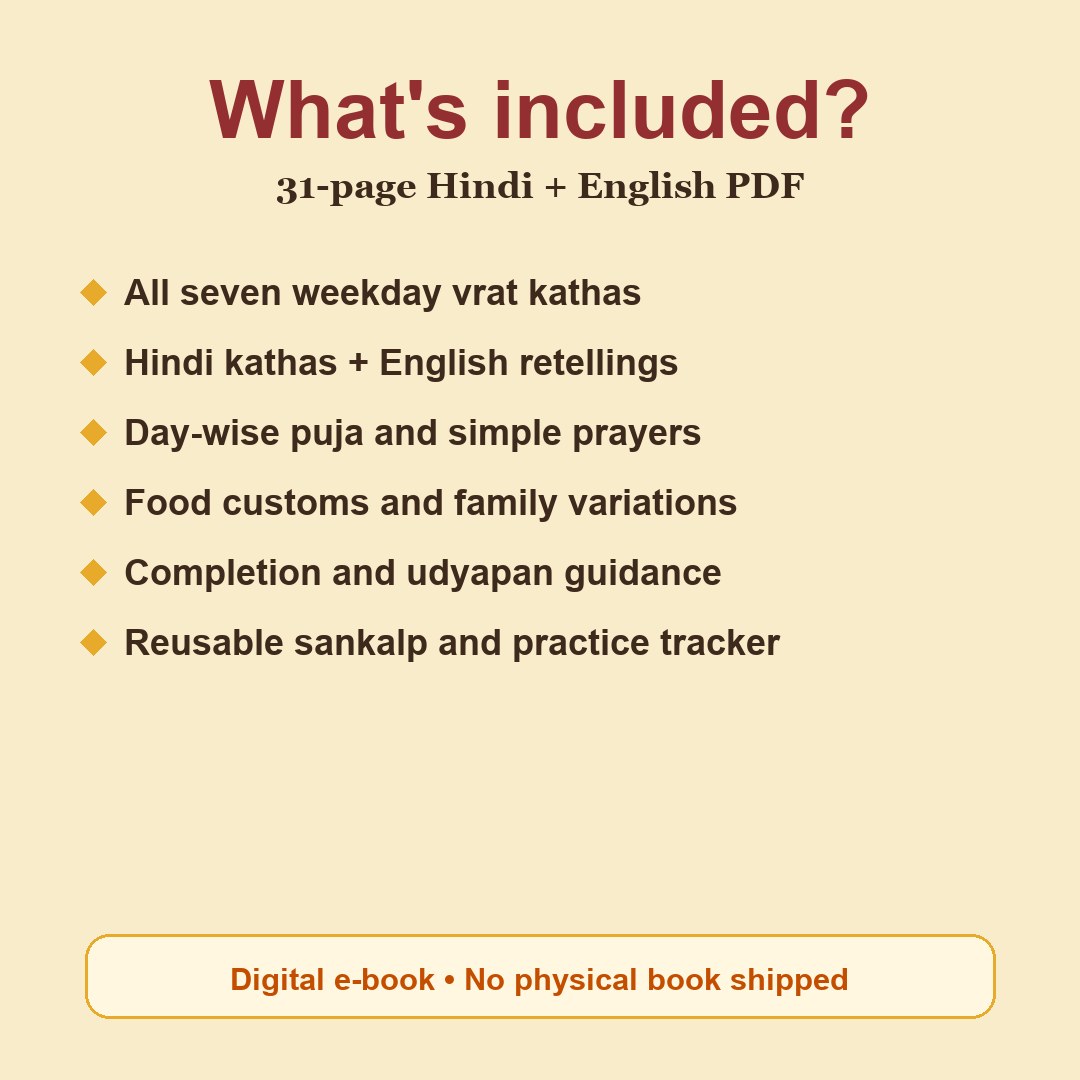 Sampurna Saptahik Vrat Katha contents: All seven weekday vrat kathas, Hindi kathas + English retellings, Day-wise puja and simple prayers, Food customs and family variations, Completion and udyapan guidance, Reusable sankalp and practice tracker