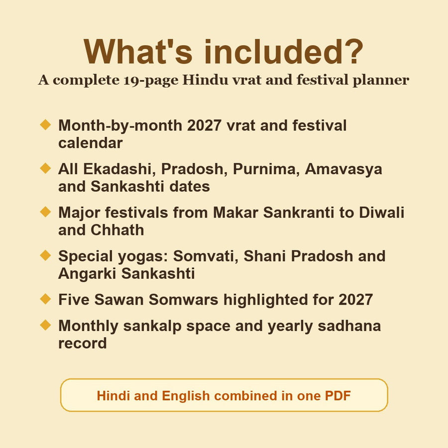 Sampurna Vrat Calendar 2027 eBook contents including monthly vrat planner, Ekadashi, Pradosh, Purnima, Amavasya, Sankashti and festival dates