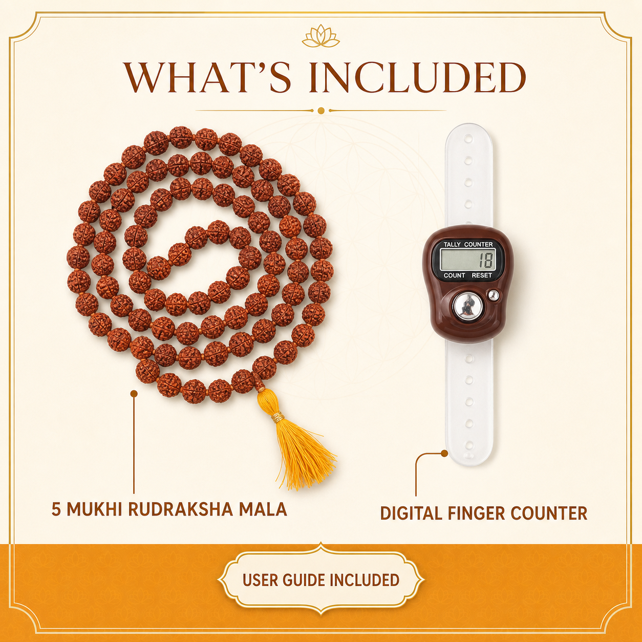 Mantra Jaap Combo contents – Rudraksha Mala, digital finger counter and user guide
