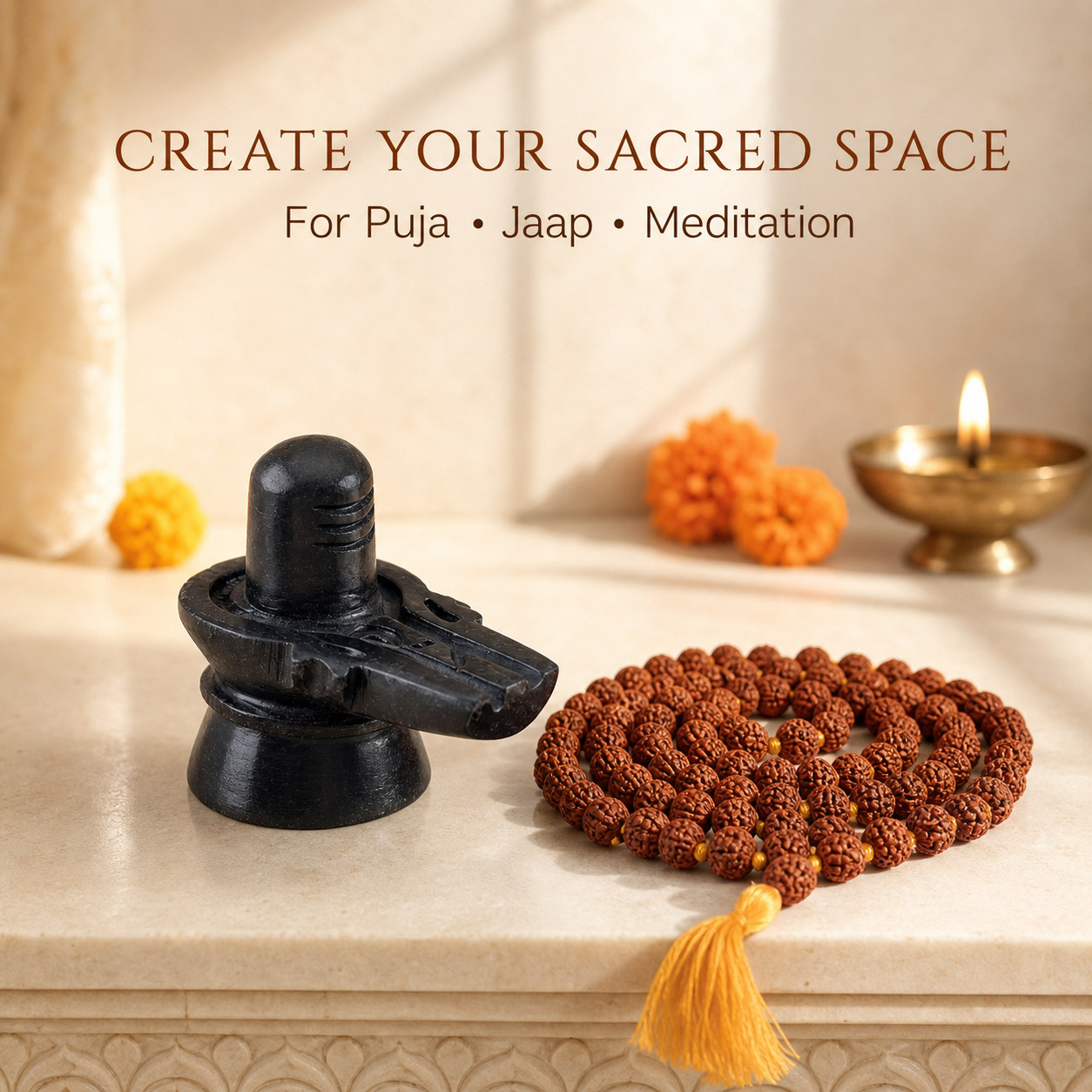 Shivling and Rudraksha Mala arranged in a peaceful home worship setting