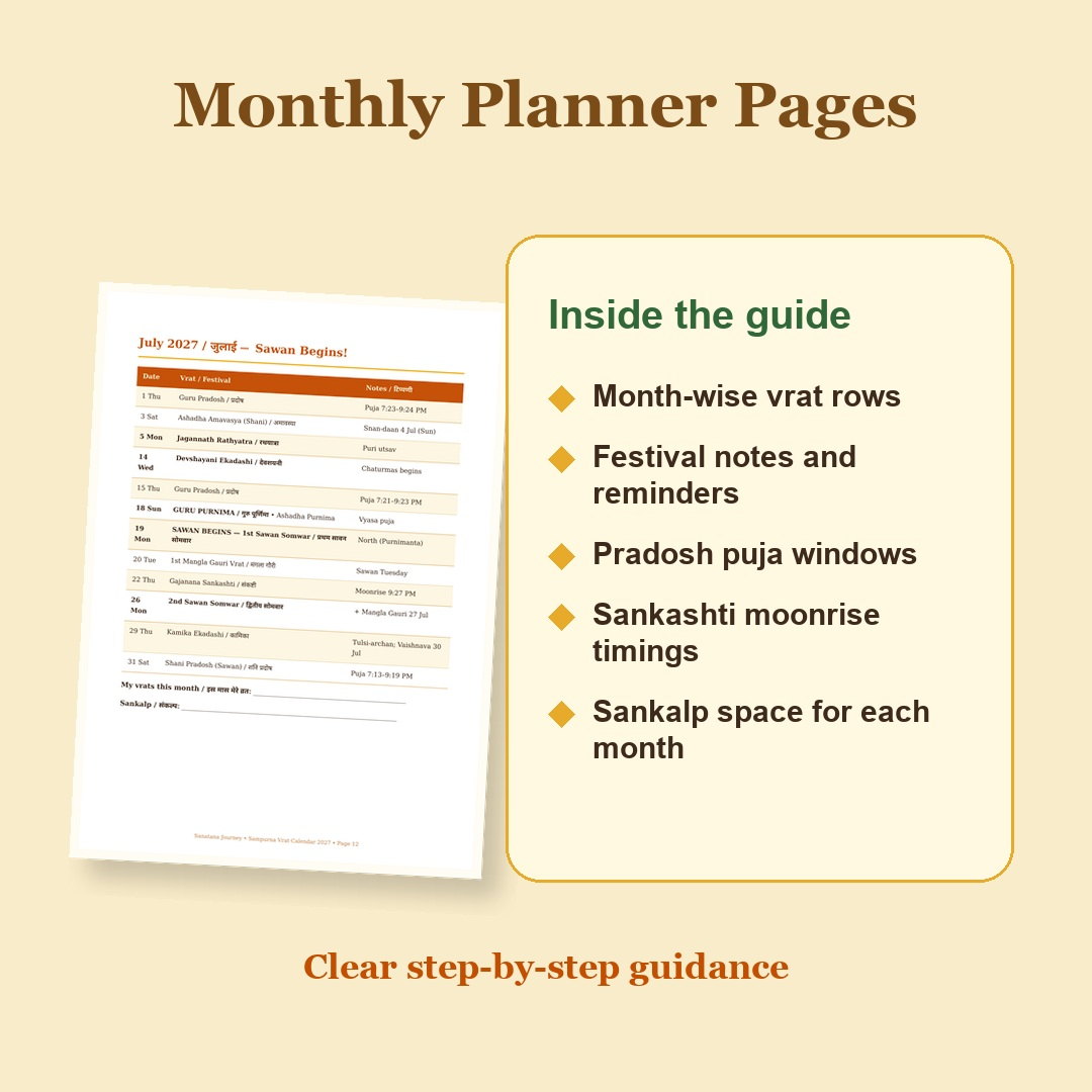 Sampurna Vrat Calendar 2027 eBook monthly planner page preview with festival notes, Pradosh windows, Sankashti moonrise and sankalp space