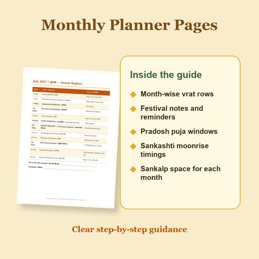 Sampurna Vrat Calendar 2027 eBook monthly planner page preview with festival notes, Pradosh windows, Sankashti moonrise and sankalp space