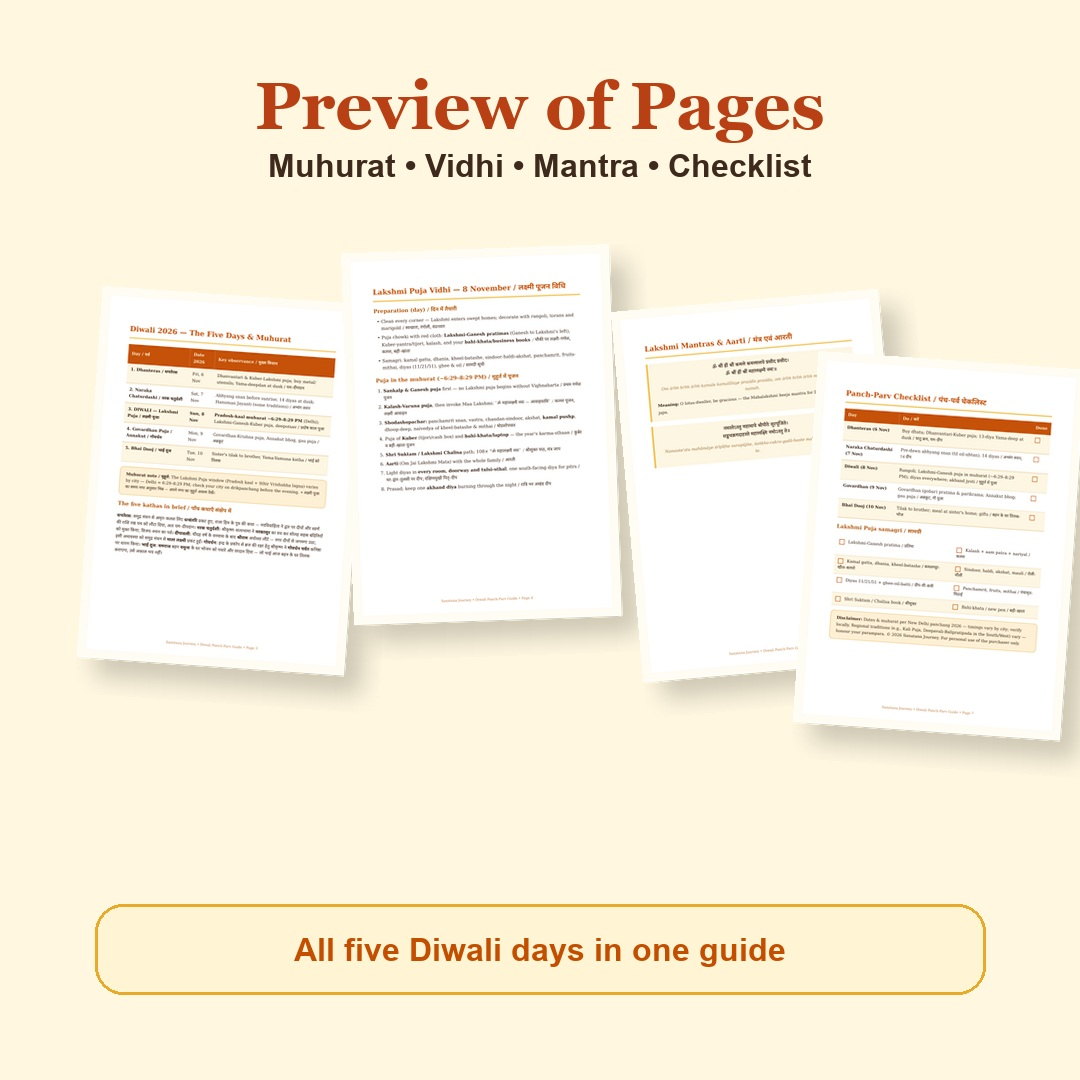 Diwali Panch-Parv Guide eBook page preview showing calendar, katha, mantra and tracker pages