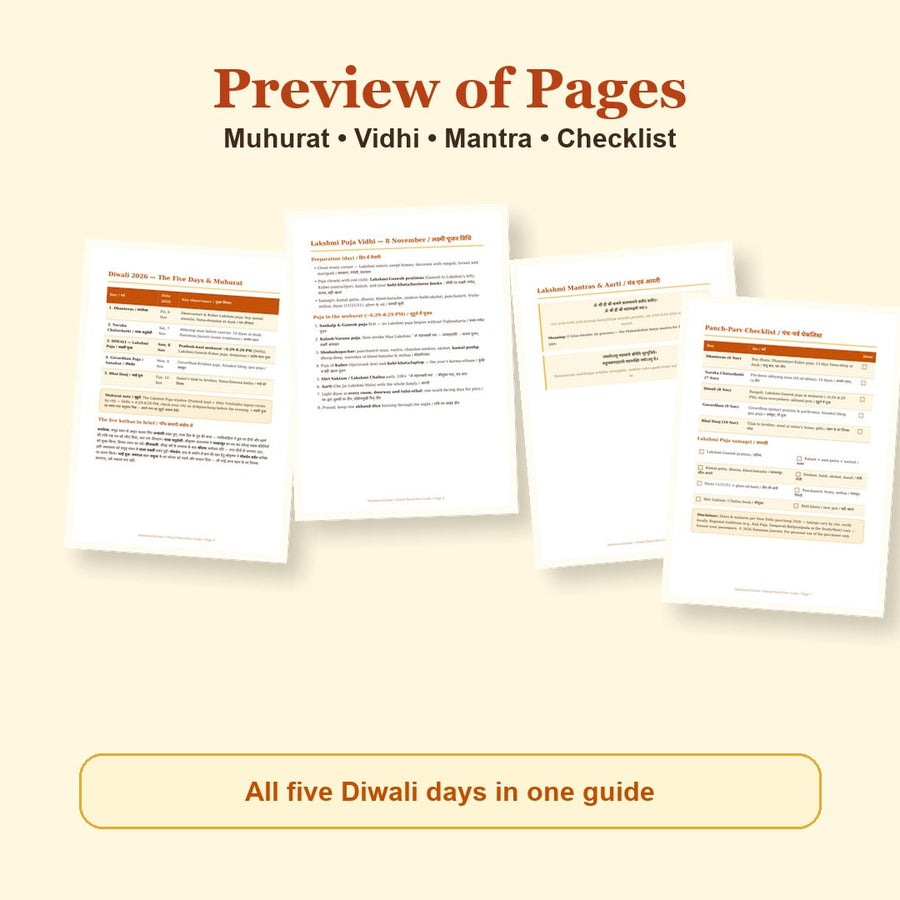 Diwali Panch-Parv Guide eBook page preview showing calendar, katha, mantra and tracker pages