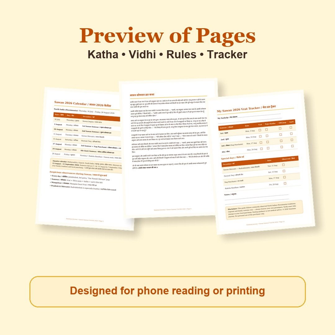 Sawan Somwar Vrat Kit eBook page preview showing katha, vidhi, rules and printable tracker pages