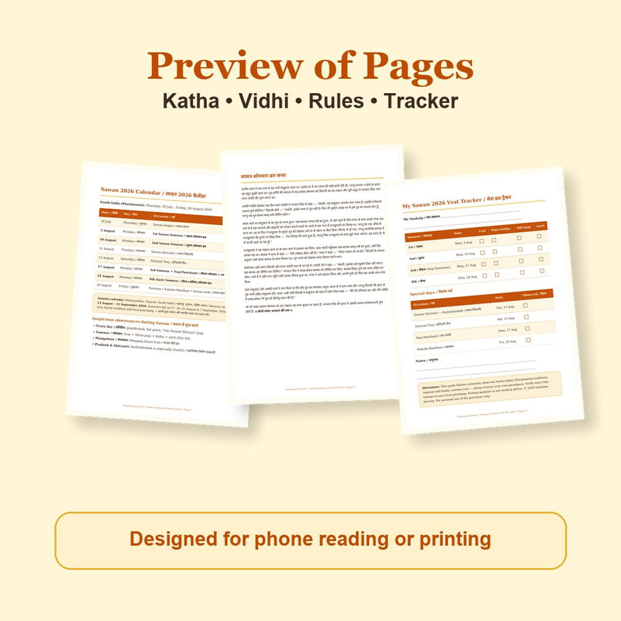 Sawan Somwar Vrat Kit eBook page preview showing katha, vidhi, rules and printable tracker pages