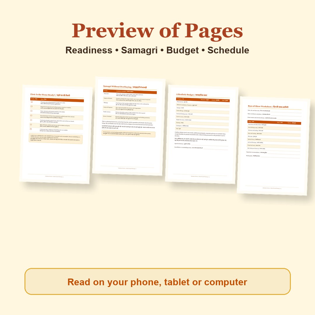 Griha Pravesh Planning Guide page previews from pages 3, 7, 13, 14