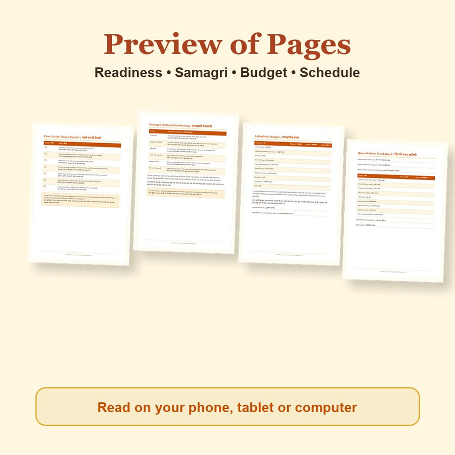 Griha Pravesh Planning Guide page previews from pages 3, 7, 13, 14