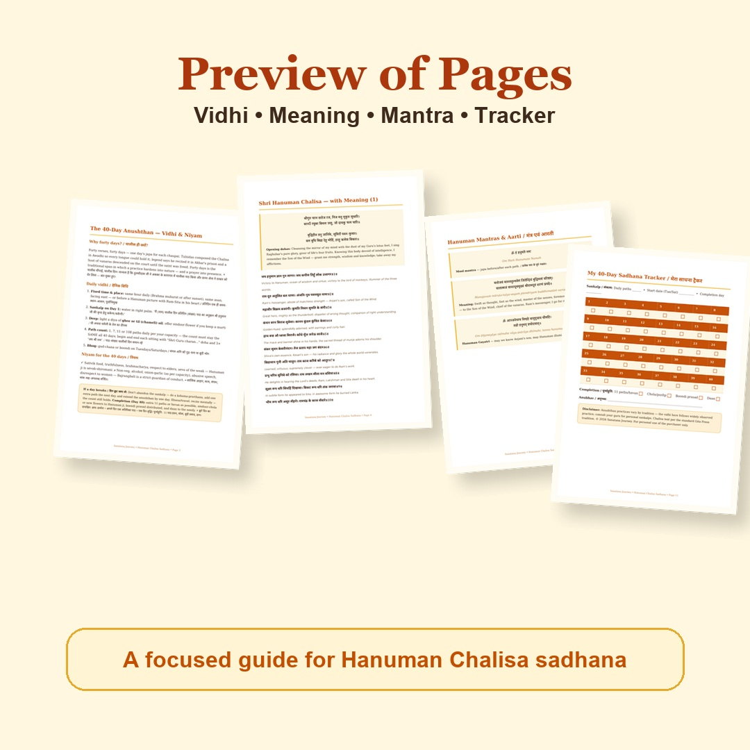 Hanuman Chalisa Sadhana eBook page preview showing vidhi, Chalisa meaning, mantras and 40-day tracker