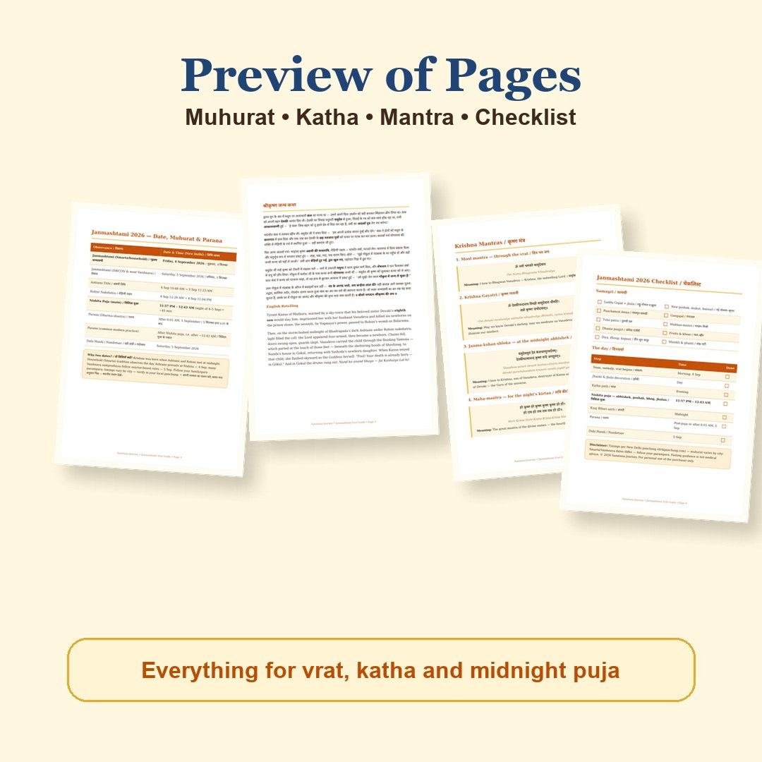 Janmashtami Vrat Guide page preview showing 2026 muhurat, Janma Katha, Krishna mantras and checklist pages