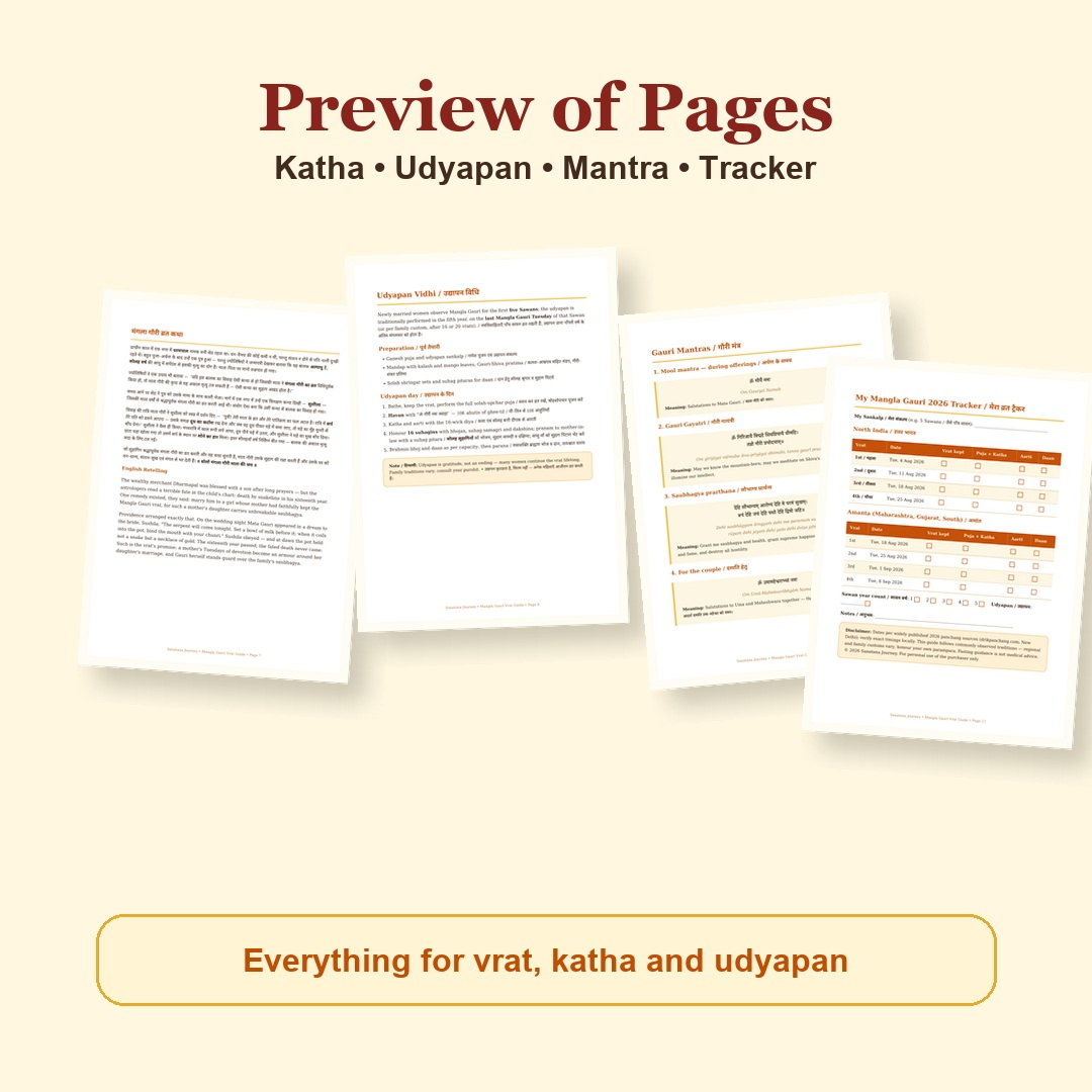 Mangla Gauri Vrat Guide page preview showing katha, udyapan vidhi, Gauri mantras and 5-year vrat tracker