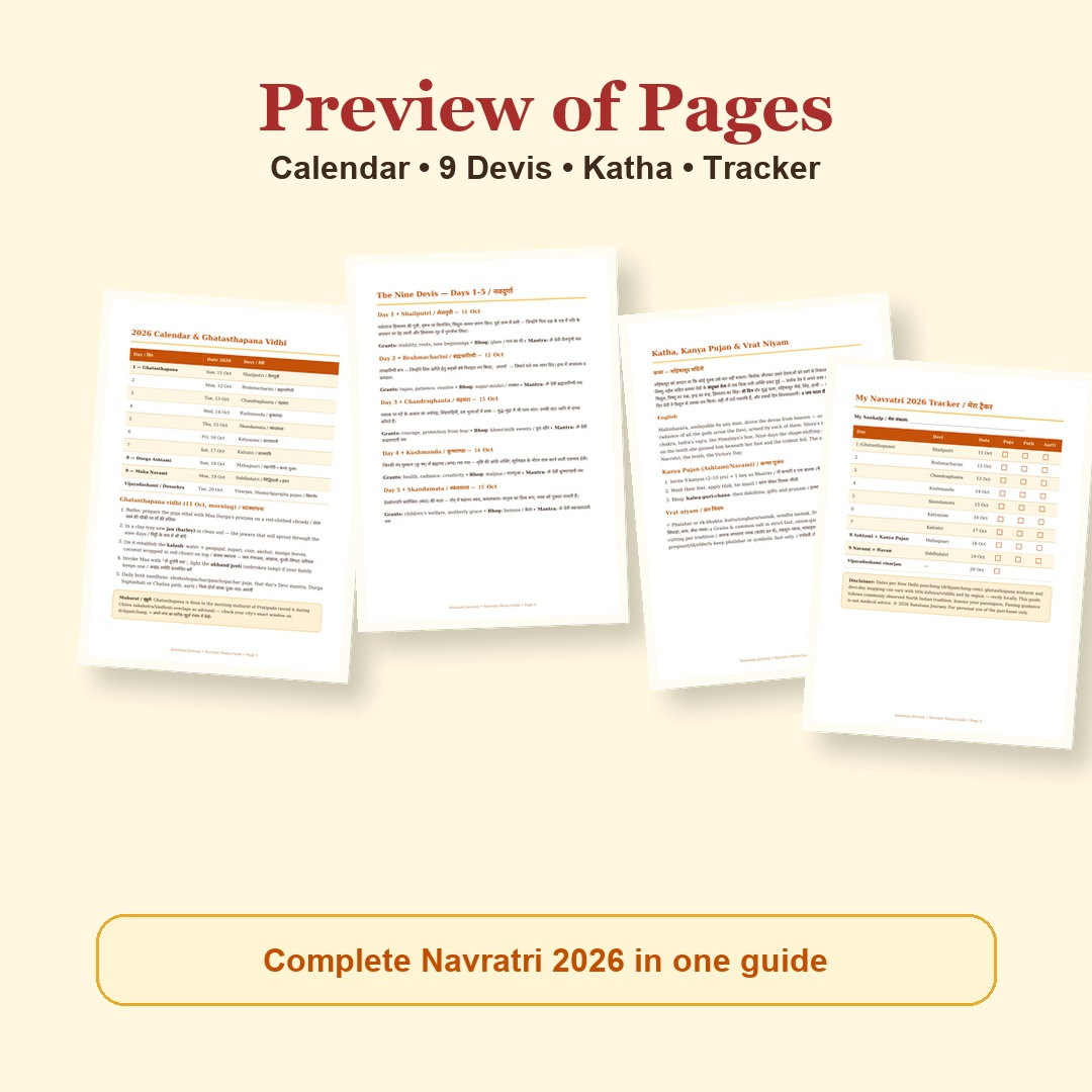 Navratri Maha-Guide eBook page preview showing calendar, katha, mantra and tracker pages