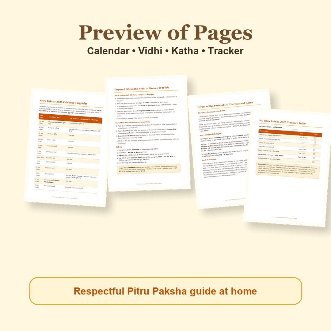 Pitru Paksha Guide eBook page preview showing calendar, katha, mantra and tracker pages