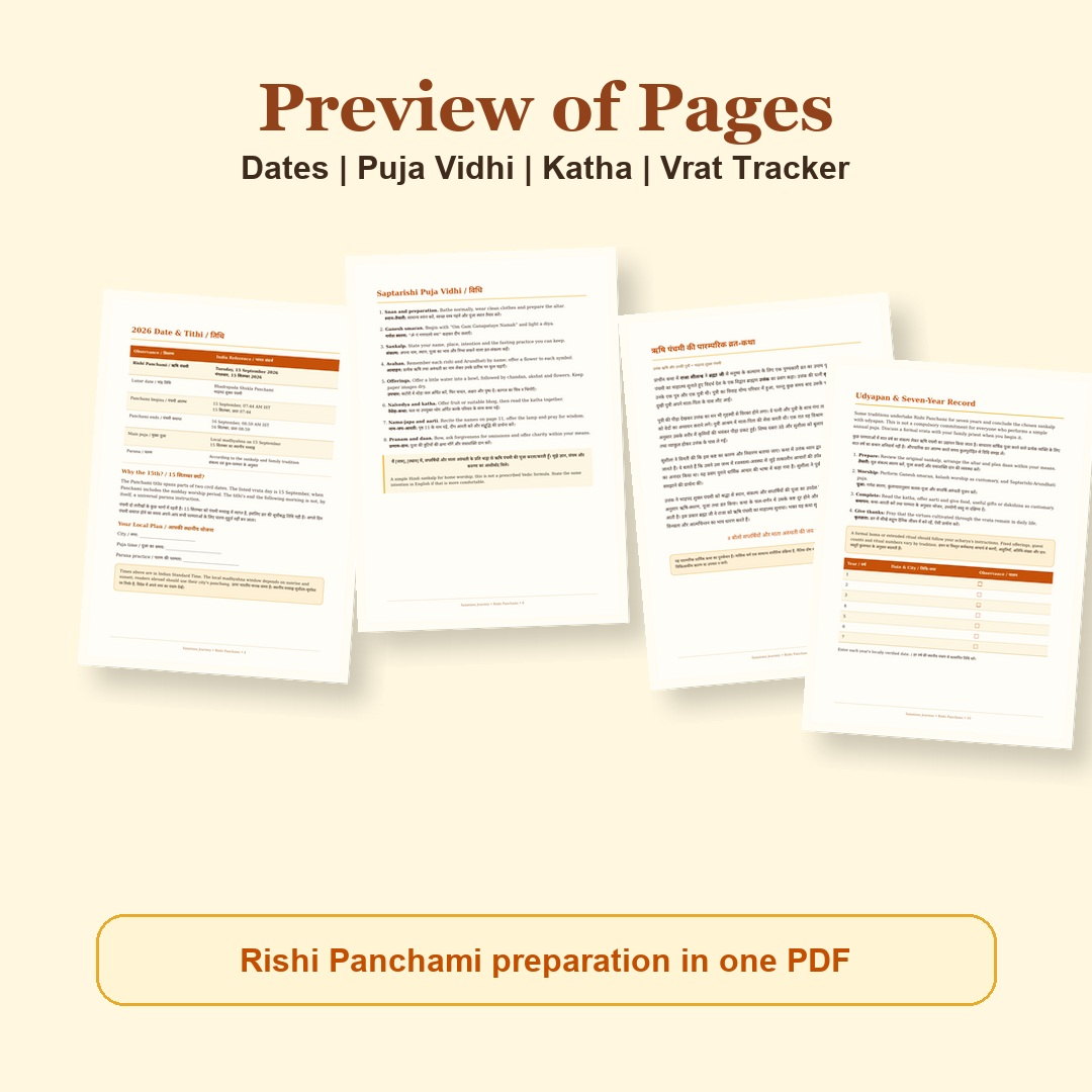 Rishi Panchami Vrat Katha and Saptarishi Puja Guide 2026 Hindi and English eBook actual PDF page previews: Dates, Puja Vidhi, Katha, Vrat Tracker