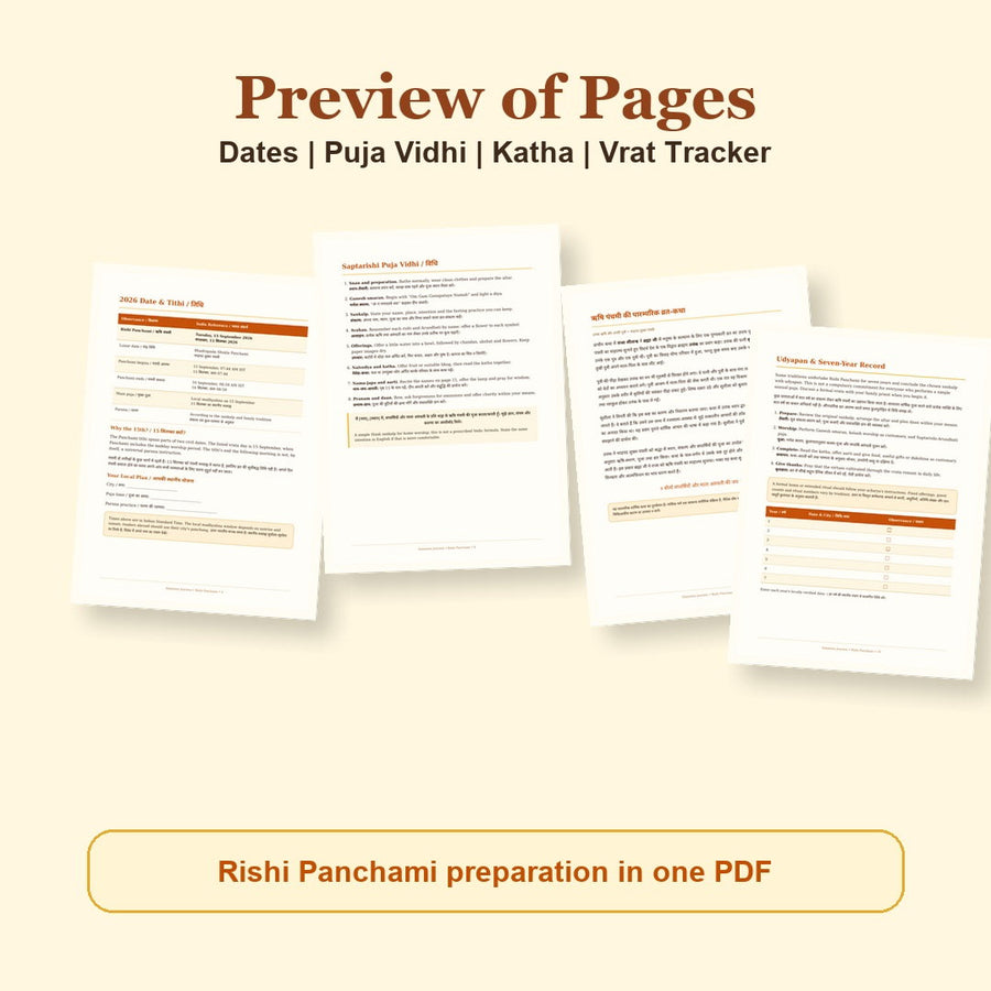Rishi Panchami Vrat Katha and Saptarishi Puja Guide 2026 Hindi and English eBook actual PDF page previews: Dates, Puja Vidhi, Katha, Vrat Tracker