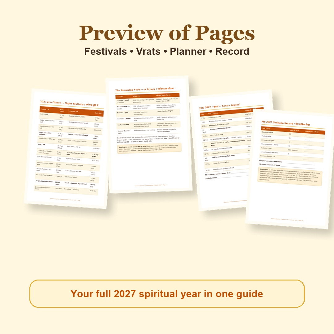 Sampurna Vrat Calendar 2027 eBook page preview showing festival overview, recurring vrats, monthly planner and yearly sadhana record