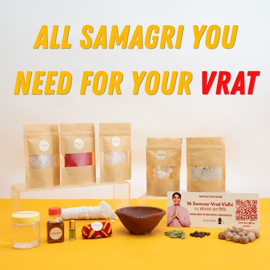 16 Somvar Vrat samagri laid out: Gangajal jar, honey, itra, janeu, mauli, clay diya, elaichi, laung, supari, kraft pouches and Puja Vidhi QR card