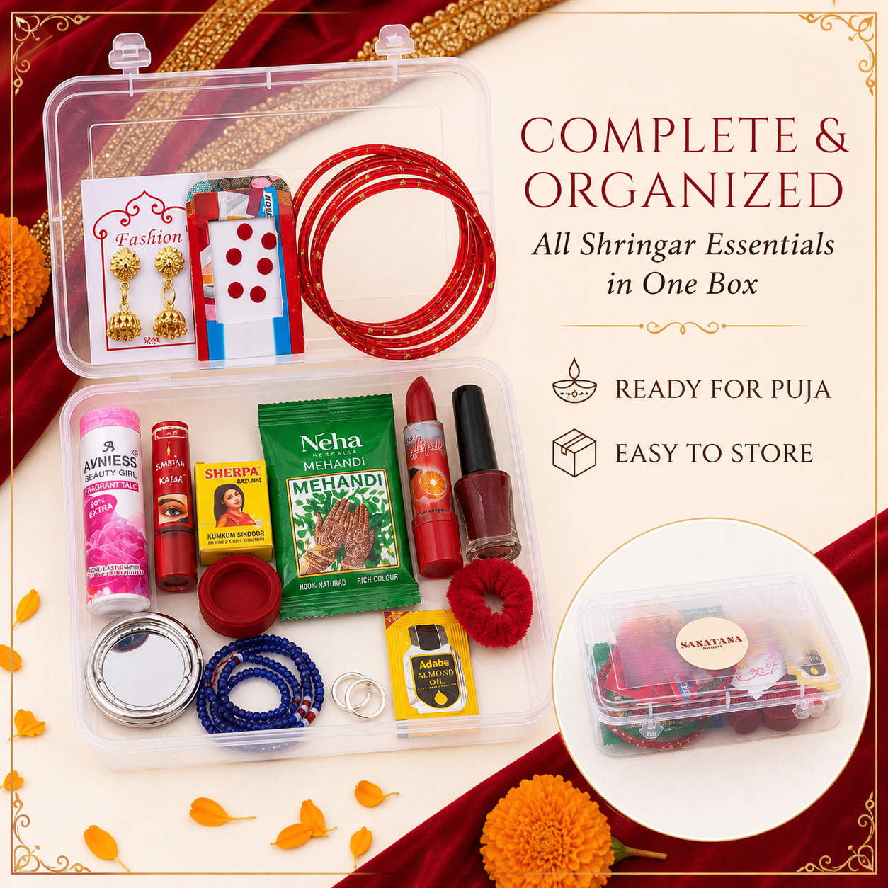 16 Shringar essentials organized in a clear storage box