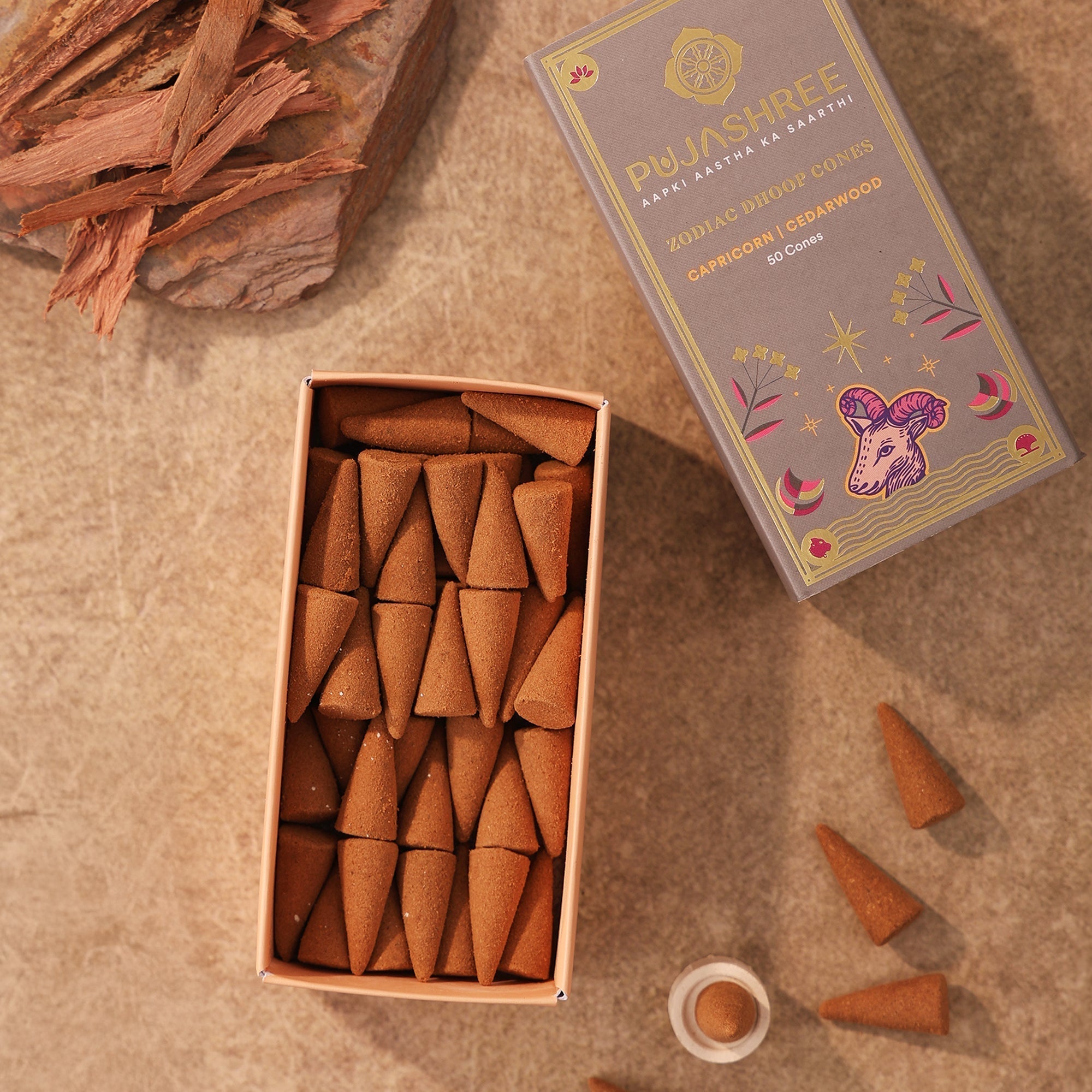 Capricorn Zodiac Dhoop Cones 50 pcs – Cedarwood by Pujashree | Sanatana Journey