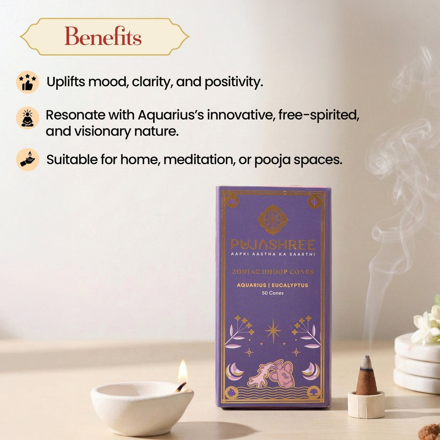 Aquarius Zodiac Dhoop Cones 50 pcs – Eucalyptus by Pujashree | Sanatana Journey