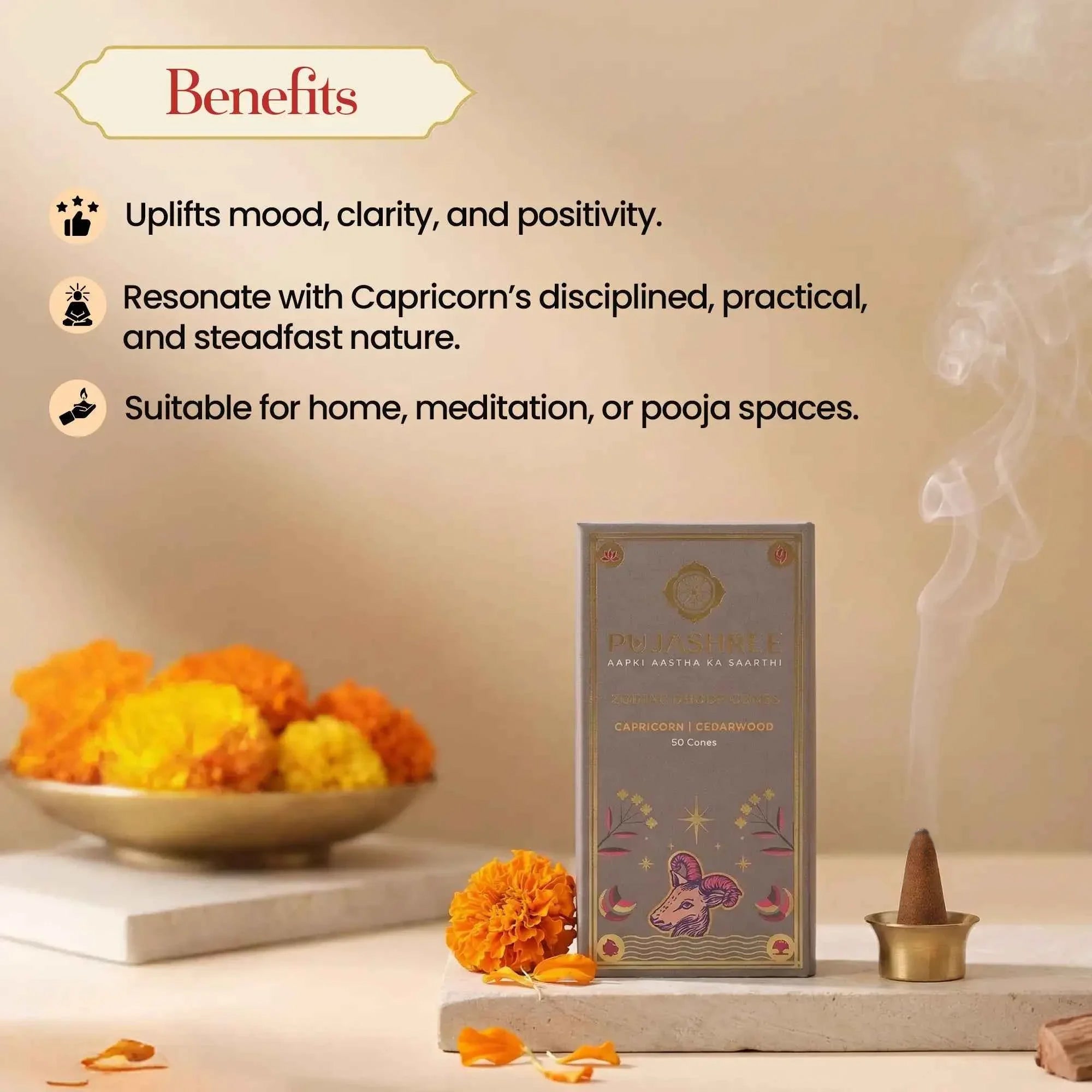 Capricorn Zodiac Dhoop Cones 50 pcs – Cedarwood by Pujashree | Sanatana Journey