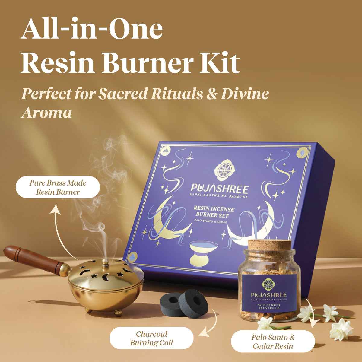 Resin Burner Kit | Wooden Handle Burner with Palo Santo, Cedar Resin & Charcoal by Pujashree | Sanatana Journey